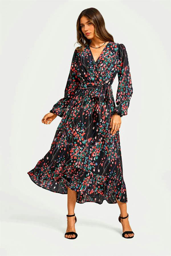 FS Collection Abstract Floral Print Long Sleeve V Neck Wrap Top Midi Dress In Black