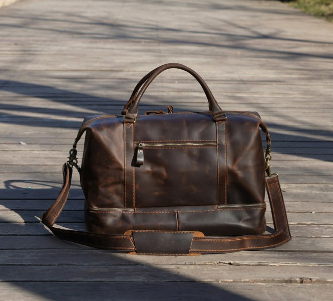 Touribag Leather Weekend Bag With Suit Compartment - Dark Brown