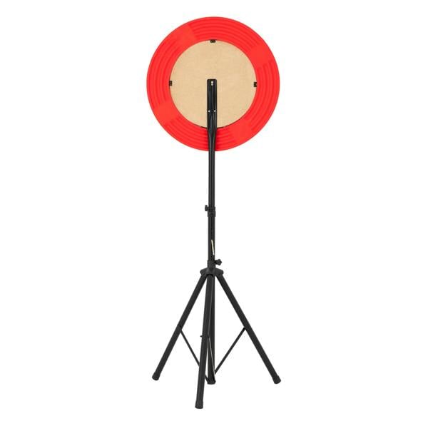 Portable dart board set featuring a sturdy black tripod stand, vibrant red outer ring, and a smooth, natural cork center for accurate throws