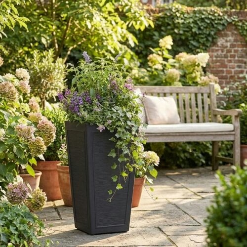 Nicoman Avondale Black Plaster Wood Recycled Rubber Tall Planter Pot