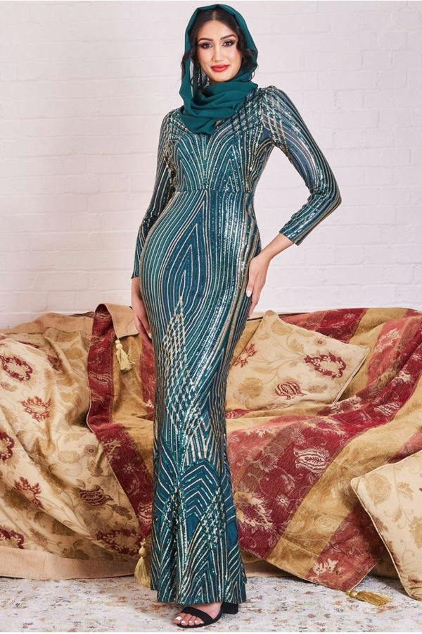 Modesty Two Toned Sequin Maxi - Emerald Green DR3494MOD