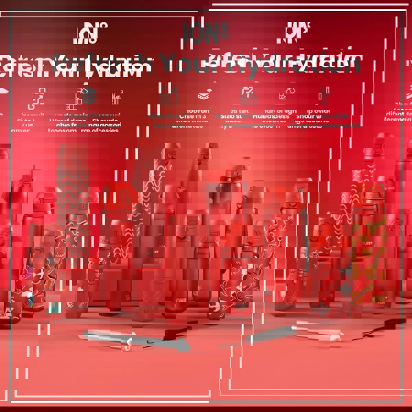 Several red ION8 water bottles, varying in size and design, are displayed on a red surface. A white straw is also present. The background includes text advertising material choices, sizes, designs and accessories.