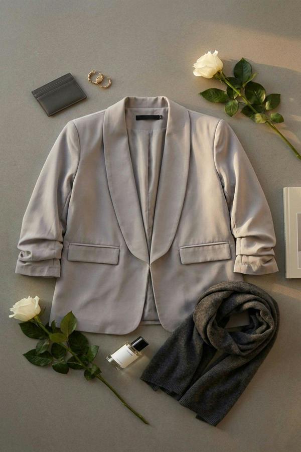 Valerie Ruched Sleeve Open Front Blazer Jacket With Front Pockets - Grey