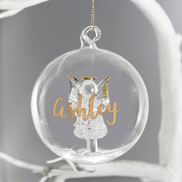 Personalised Memento Company Personalised Gold Glitter Name Only Angel Glass Bauble