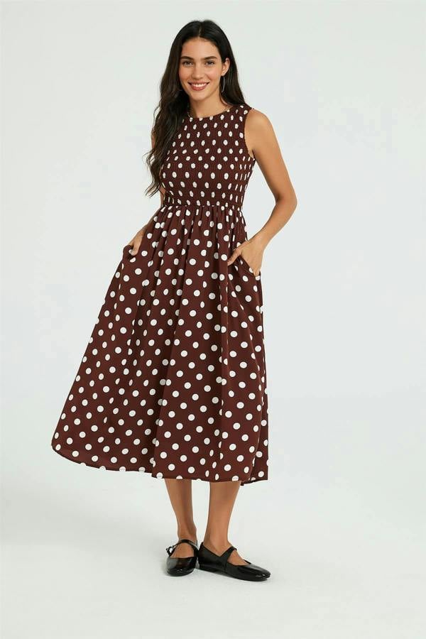FS Collection Dot Print Tie Back Sleeveless Shirred Top Midi Dress Brown