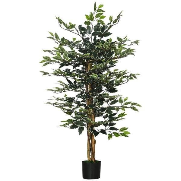 Artificial ficus tree with green realistic leaves in a black potted base