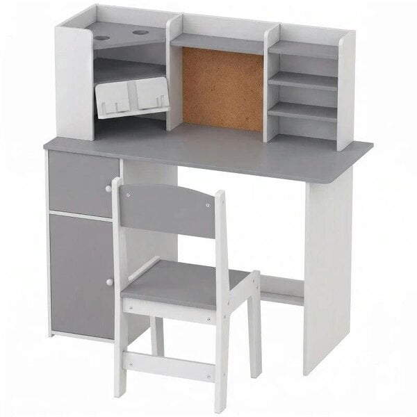 Kids Desk and Chair Set Storage Shelves Kids Desk Adjustable Tablet Stand Cork Board Pen Holder Grey