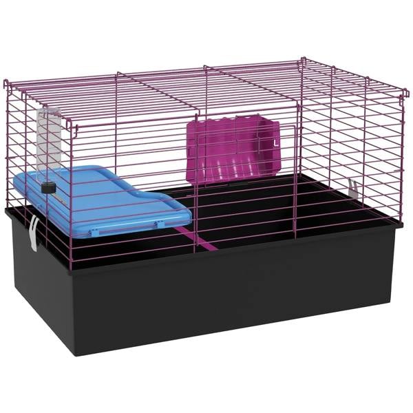 Small animal cage with purple wire frame, black base, blue ramp and platform