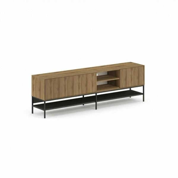 Decortie Amira 180cm Modern TV Stand, Entertainment Centre with Metal Legs & Push-to-Open Doors - Natural Oak-Black Wood