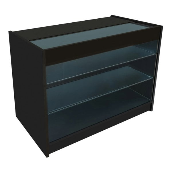 Black Aries LED shop counter set featuring a sleek design with glass shelves, ideal for showcasing products in retail spaces