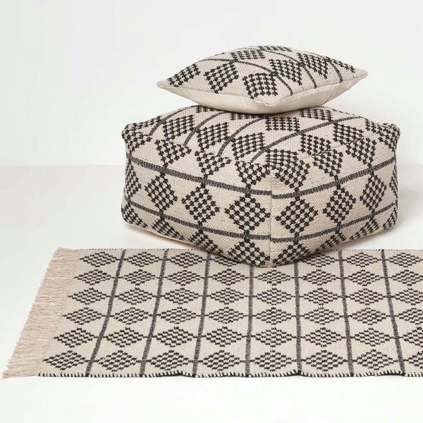 HOMESCAPES Adana Handwoven Textured Natural & Black Pouffe Bean Cube