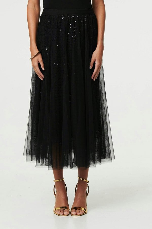 Black | Embellished Mesh Layer Midi Skirt
