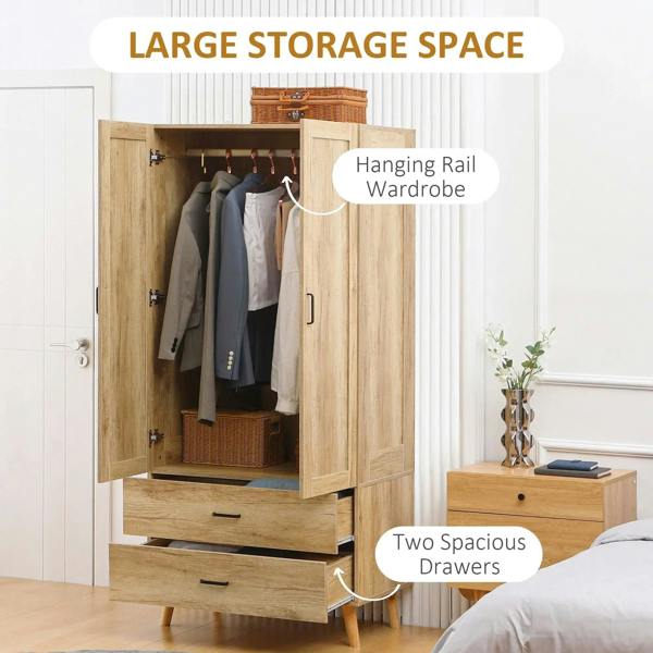 Natural wood wardrobe open front with hanging rail and two spacious drawers