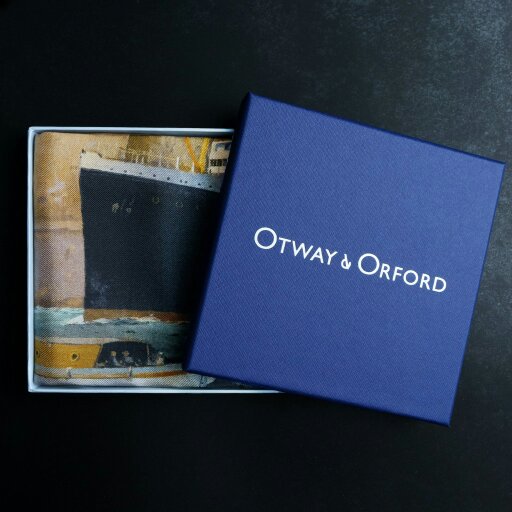Otway & Orford 'Into the Storm' ocean liner silk pocket square in green, gold, off-white & black (42 x 42cm)