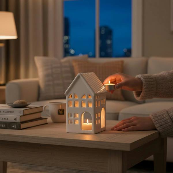 12CM CREAM CERAMIC HOUSE TEALIGHT HOLDER