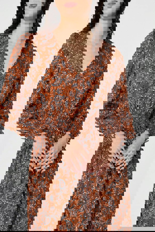 Rust | Paisley Shirred Lace Trim Maxi Dress

