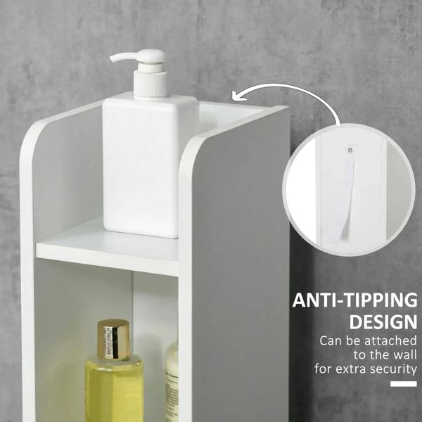 Tall cabinet with open shelving and anti-tipping wall attachment at the top