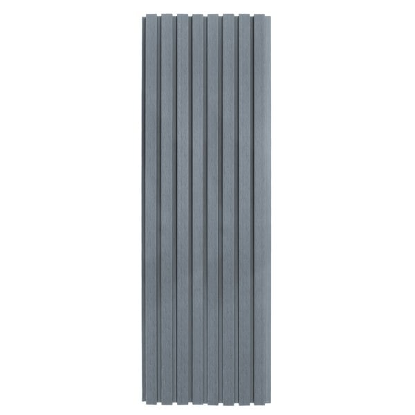 WPC slatted wall cladding panels in a sleek grey finish, featuring a textured surface and vertical slats for modern design