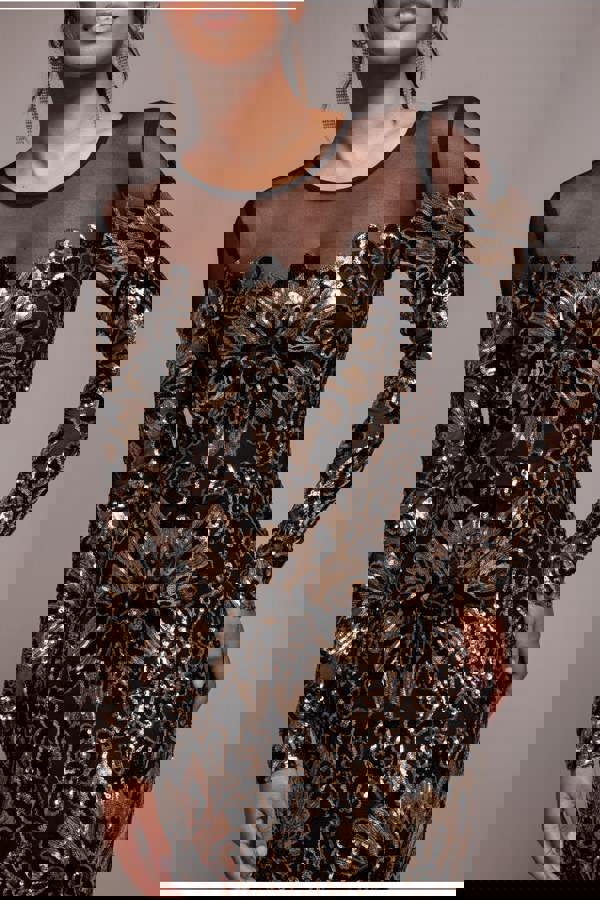 Floral Sequin Mesh Maxi - Gold DR4041