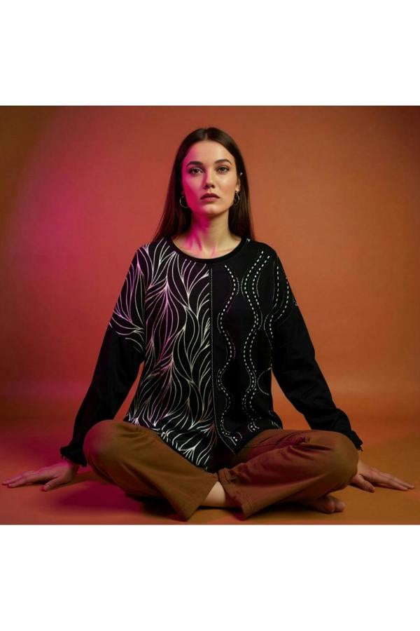 Hoxton Gal Oversized Stone Embellished Long Sleeve Round Neckline Blouse in Black