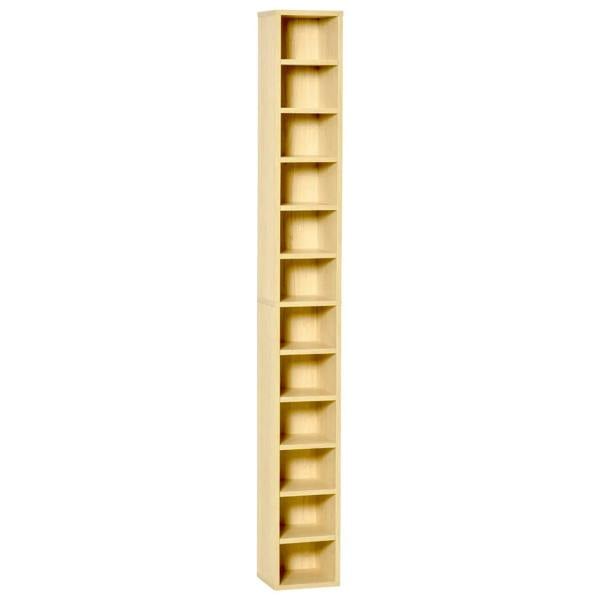 Oak-toned tall narrow CD storage tower with multiple open shelves
