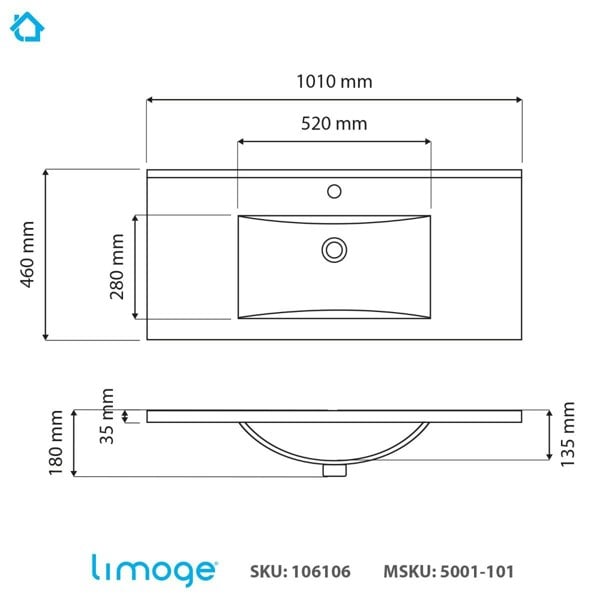 Limoge 5001 Ceramic 101cm Mid-Edge Inset Basin with Scooped Bowl