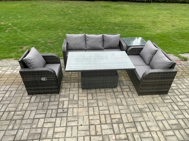 Fimous Outdoor Rattan Furniture Garden Dining Set Patio Height Adjustable Rising lifting Table Reclining Chair Sofa With Side Table Dark Grey Mixed
