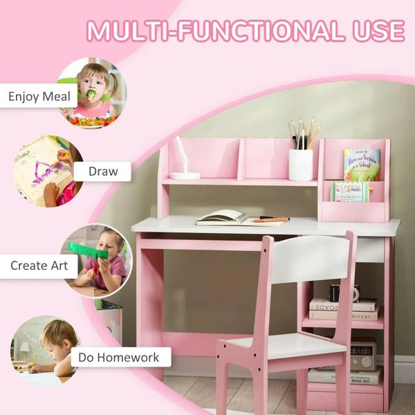 Pink kids desk with built-in storage and chair, shown with art and homework supplies