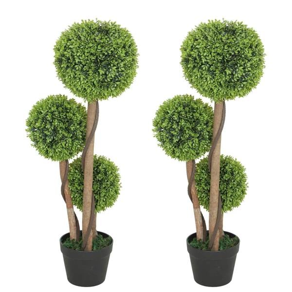 Set of 2 green boxwood ball topiary trees in black pots, faux indoor/outdoor decor