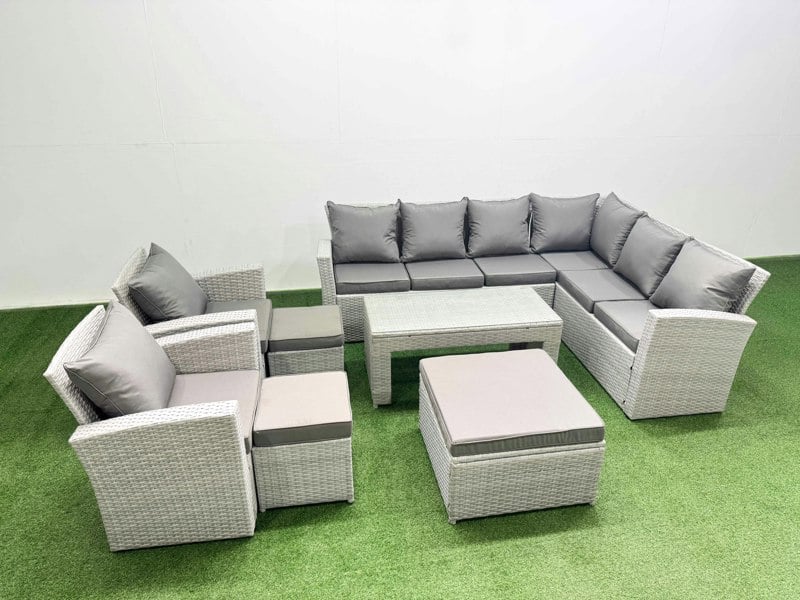 Fimous Rattan Garden Furniture Set 8 Pieces Outdoor Garden Sofa Oblong Coffee Table Set with 2 Chairs 3 Footstools Light Grey Mixed