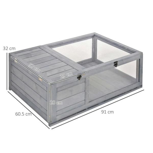 Grey small wooden reptile house with mesh roof and sliding side panels, lockable