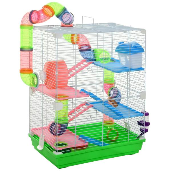 Green 5-tier hamster cage with colorful tunnels, platforms, and exercise wheels