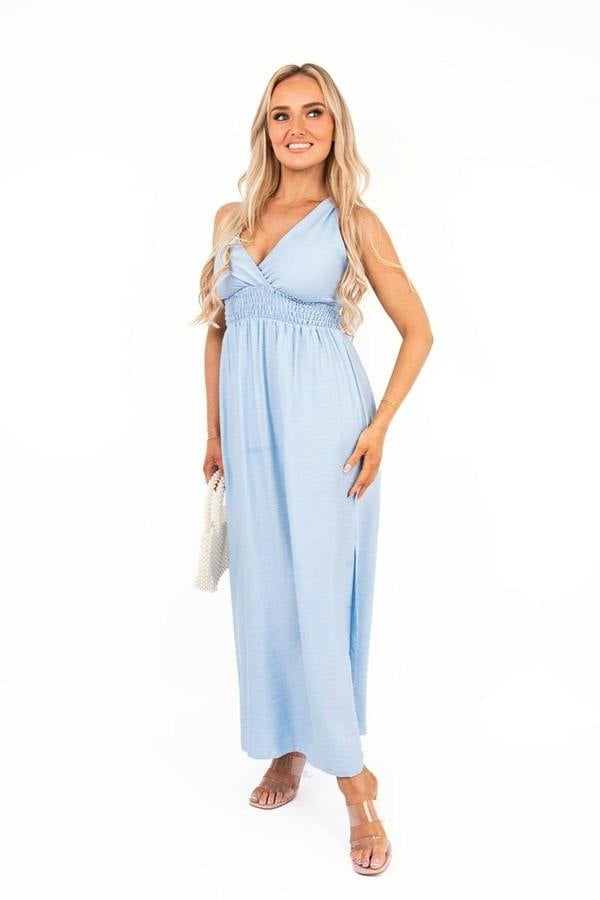 Talina Cross Back Maxi Dress With Ruched Waist - Sky Blue