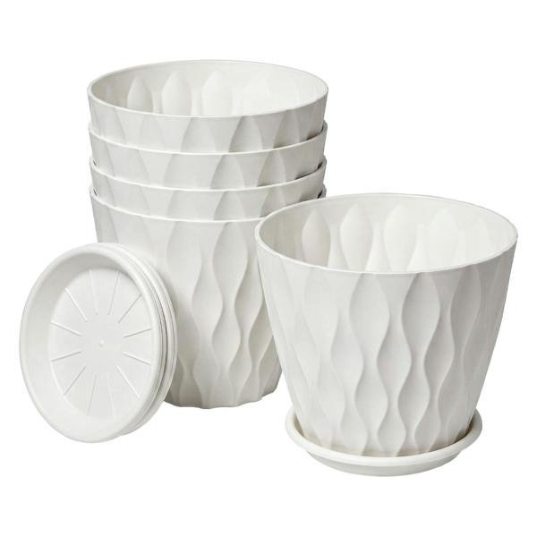 TOQUE Plant Pots 5Pc 8 Inch Plant Pots Indoor Drainage PP Plastic White