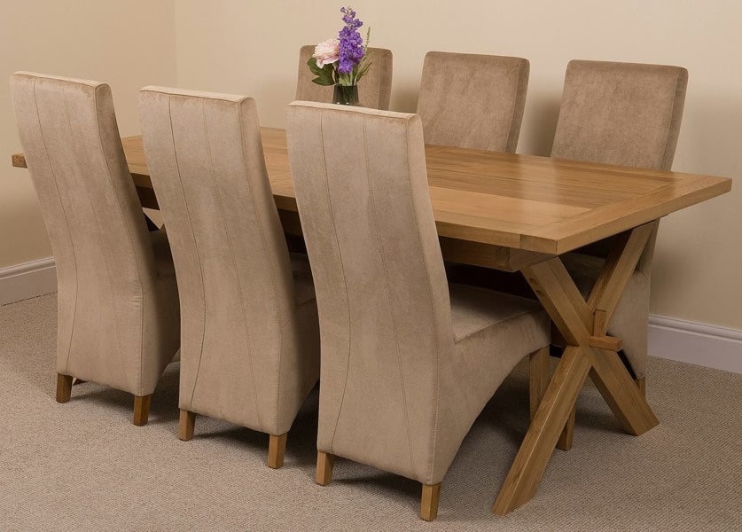 That's Furniture Vermont Cross Leg Oak Extending Dining Table with Lola Fabric Chairs