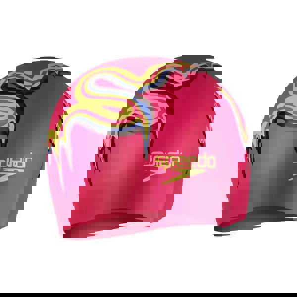 Pink Speedo junior slogan print silicone swim cap with flames