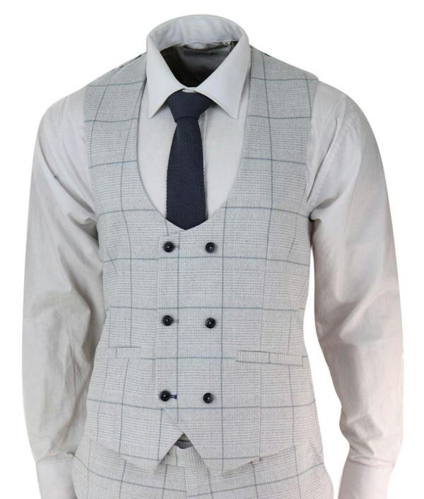 House of Cavani Mens 3 Piece Light Grey Check Tweed Vintage Retro Classic Suit