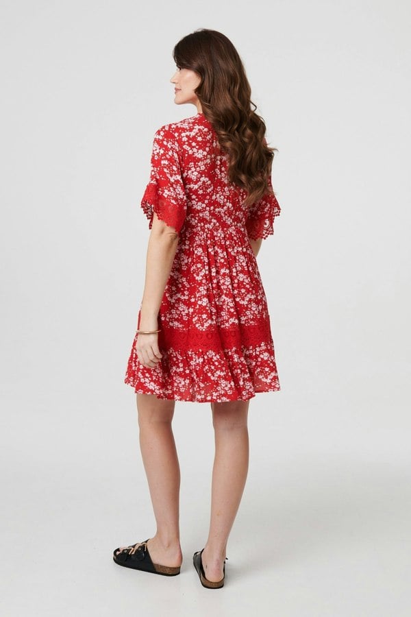 Red | Floral Lace Trim 1/2 Sleeve Mini Dress
