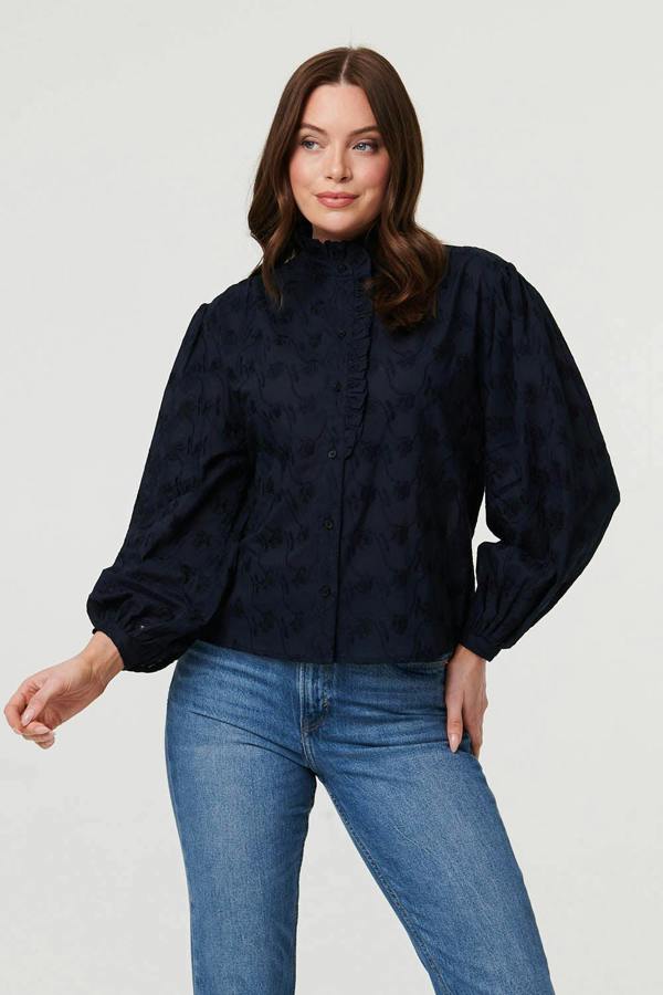 Navy | Embroidered Texture Long Sleeve Blouse