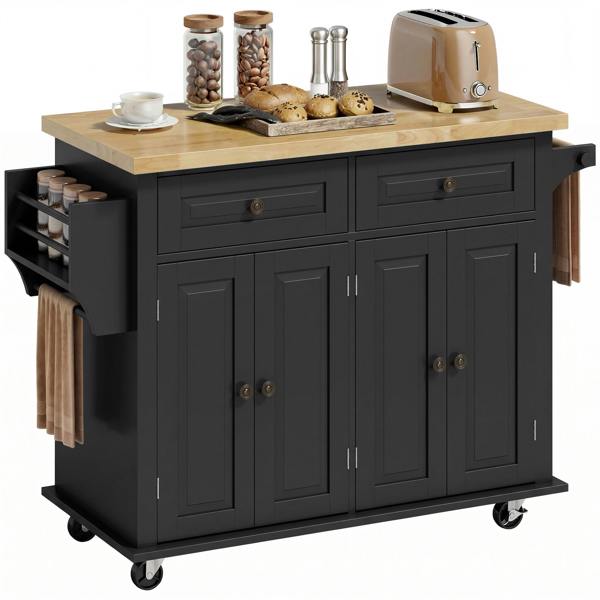 HOMCOM Rolling Kitchen Island Cart with Rubber Wood Top, Spice Rack, Black