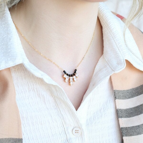 The Colourful Aura Indian Nazarian Gold Mangalsutra Black Bead Zircon Fan Pendant Necklace