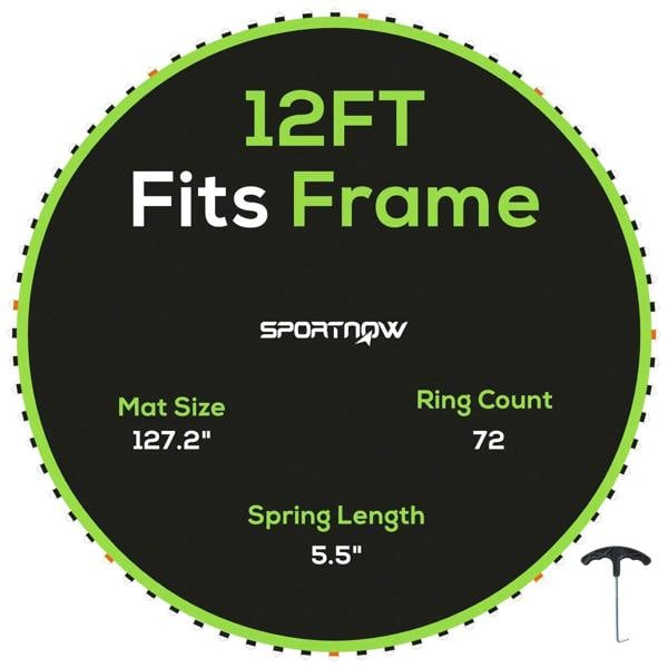 Trampoline replacement mat with green edge and black surface, 72 spring hooks