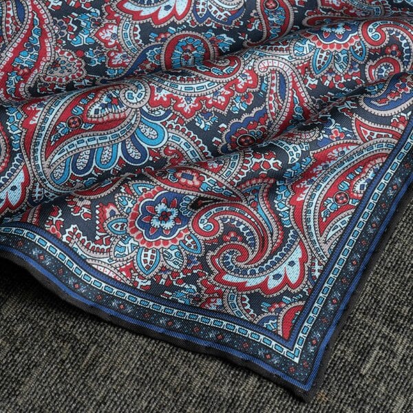 Otway & Orford 'Cypress' paisley silk pocket square in red & blue (42 x 42cm)