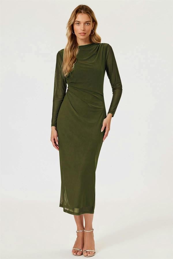 FS Collection Long Sleeves Mesh Midi Dress In Olive