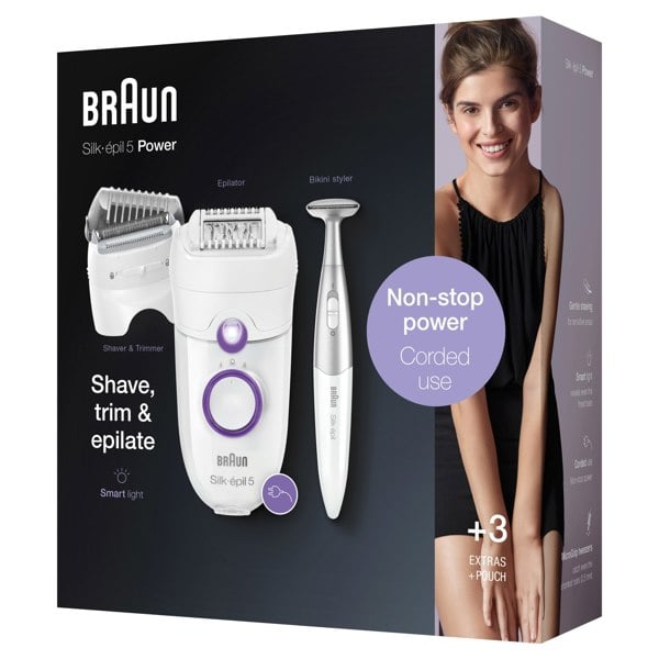 Braun Silk-epil 5-825 Power Epilator, Corded Epilation with Shaver Head & Trimmer Cap, Bikini Styler