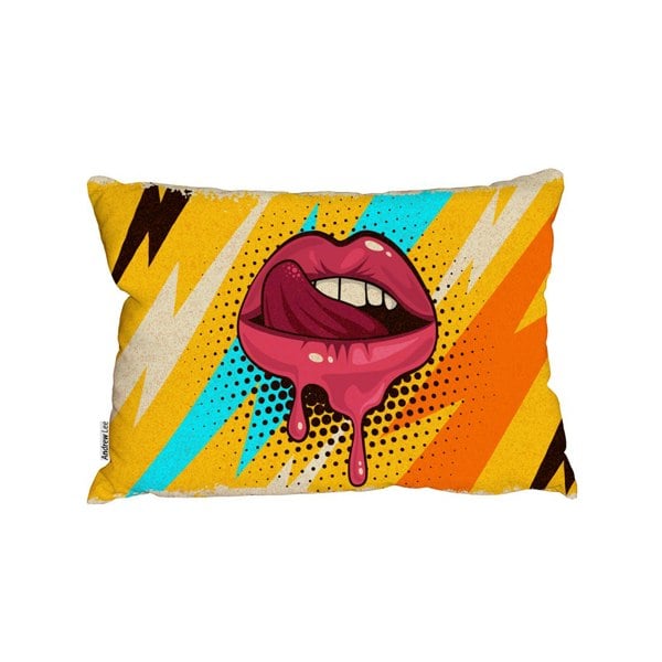 Benjamin Tate Design Pink, Red Lips, Mouth And Tongue Icon On Pop Art Retro Vintage Colorful Background (Outdoor Cushion)