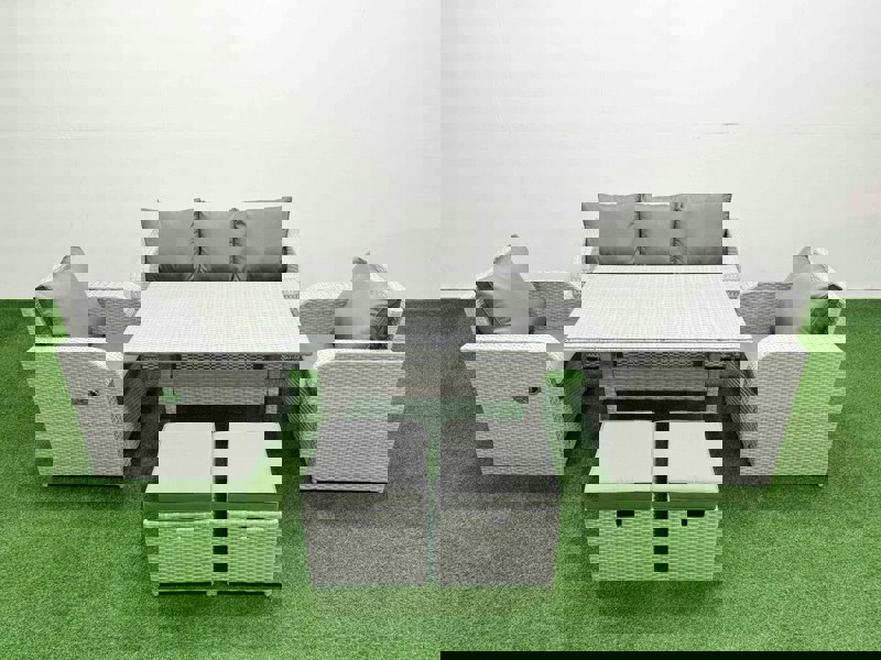 Fimous PE Rattan Garden Furniture Set Reclining Chair Sofa Lounge Sofa Set Rectangular Dining Table 2 Small Stools Light Grey