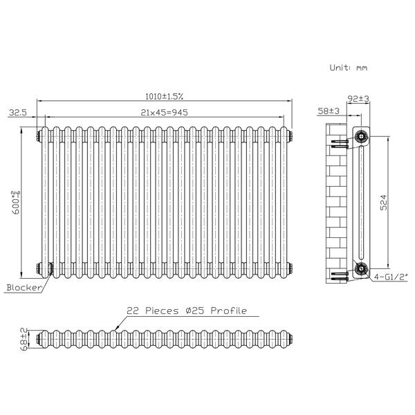 Monstershop Traditional 2 Column Radiator - 600 x 1010mm - Raw Metal