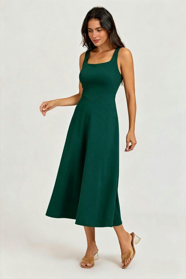 FS Collection Square Neck Sleeveless Fit & Flare Midi Dress In Green
