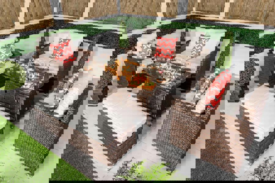 Giardino Sydney Loveseat Sofa Rattan Garden Furniture Outdoor Lounge Set with Arm Chairs, Fire Pit Coffee Table & Bench